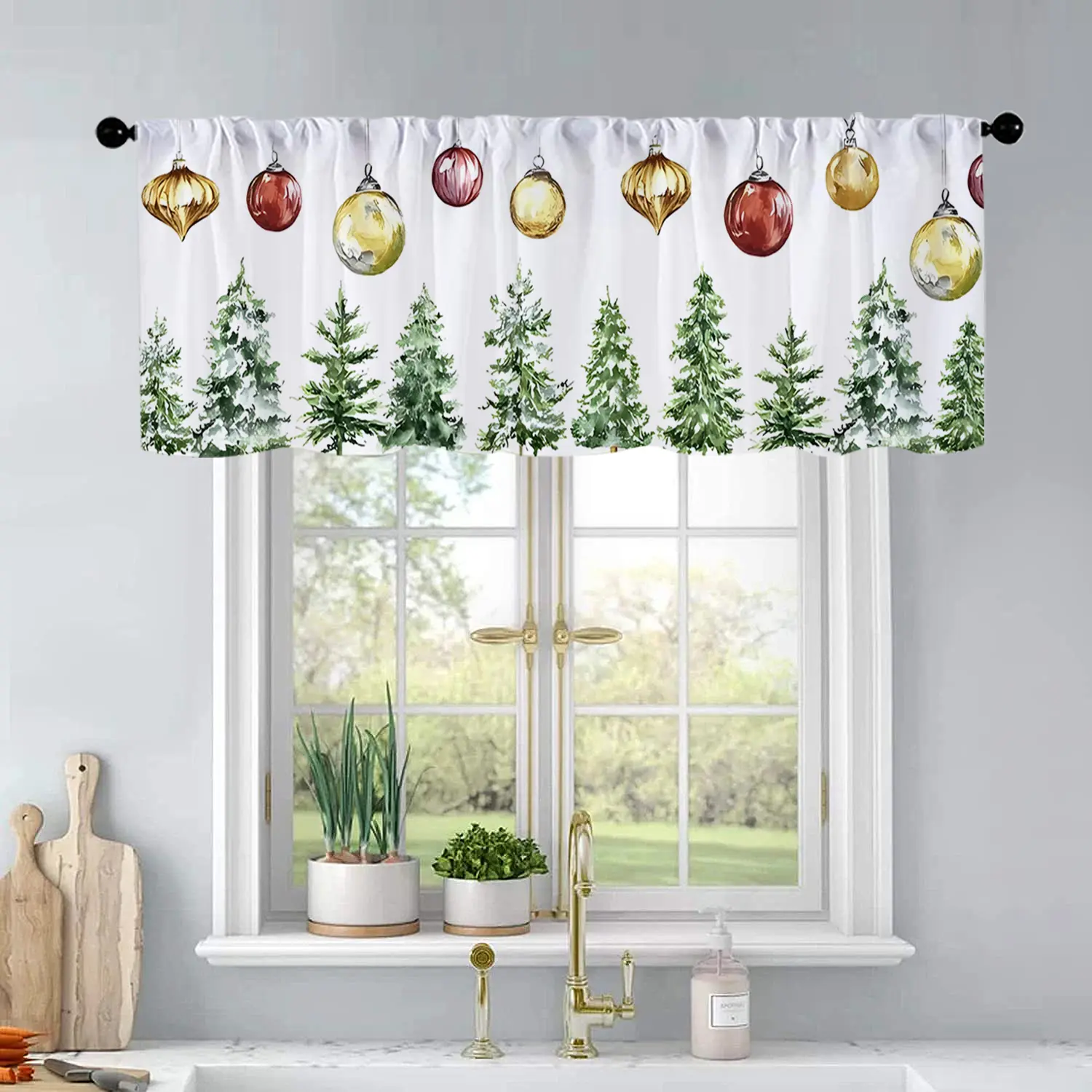 1pc Christmas and New Year printed kitchen curtains Set banner of watercolor christmas tree curtains valance window treatment living room bedroom home decor 54 x 18 inch