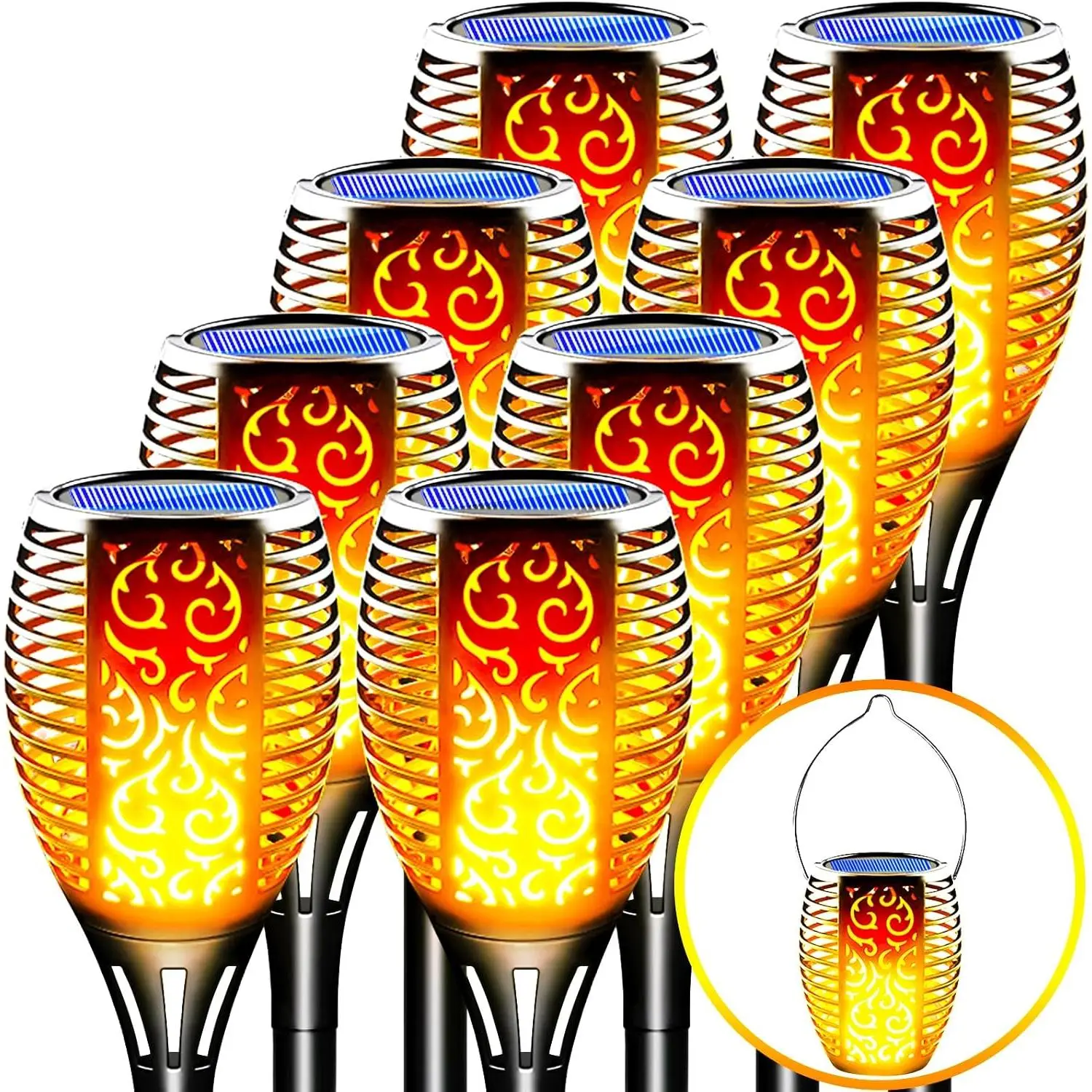 8 Pack Solar Lights Outdoor - Upgraded Solar Tiki  with Realistic Flickering Flame, 3-in-1 Fire Effect Hanging Lantern for Garden, Pathway, Yard, Patio -  & Auto On/Off
