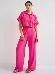 Women's Casual Collared Flap Pocket Short Sleeve Top & High Waist Trousers Co-ord Clothes