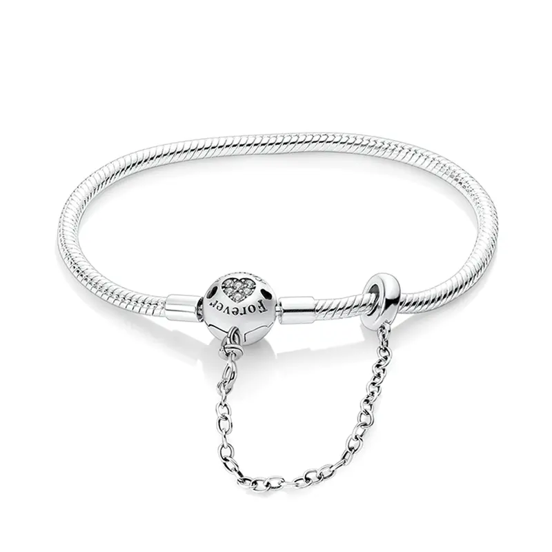 MULA Silver-Plated Charm Bracelet with Heart Clasp, Snake Chain, Security Chain, "Forever" Cubic Zirconia Inlaid Pendant, Compatible with Beads and Charms, Charm Bracelets