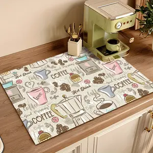 1pc Coffee Bar Theme Kitchen Countertop Drying Mat - Durable, Quick-Dry Polyester Dish Drying Mat with Charming Coffee Cup & Bean Design, Ideal for Home Kitchen, Restaurant, Coffee Bar Decor, Perfect Holiday Gift, Coffee Bar Accessories
