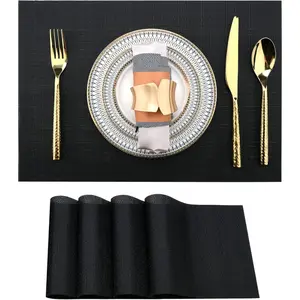 Black Placemats Set of 4-Easy Clean Washable Vinyl Placemats-Wipeable Heat Proof Table Mats For Dining Table-17x12 Inch (Pure Black, 4)