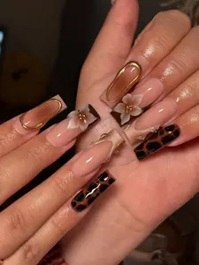 Bubble Nailart | Luxury Nude Gold Chrome Outline 3D Flower Tortoiseshell French Tips | Long Square | Handmade Reusable | Press On Nails Fake Nails Gel Nails | 2025 Trend | Glossy Design