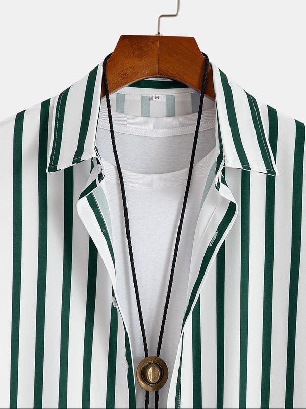 Men's Colorblock Striped Print Button Front Shirt & Shorts Set, Casual Short Sleeve Collared Top & Shorts, Men's Summer Clothes for Beach Vacation