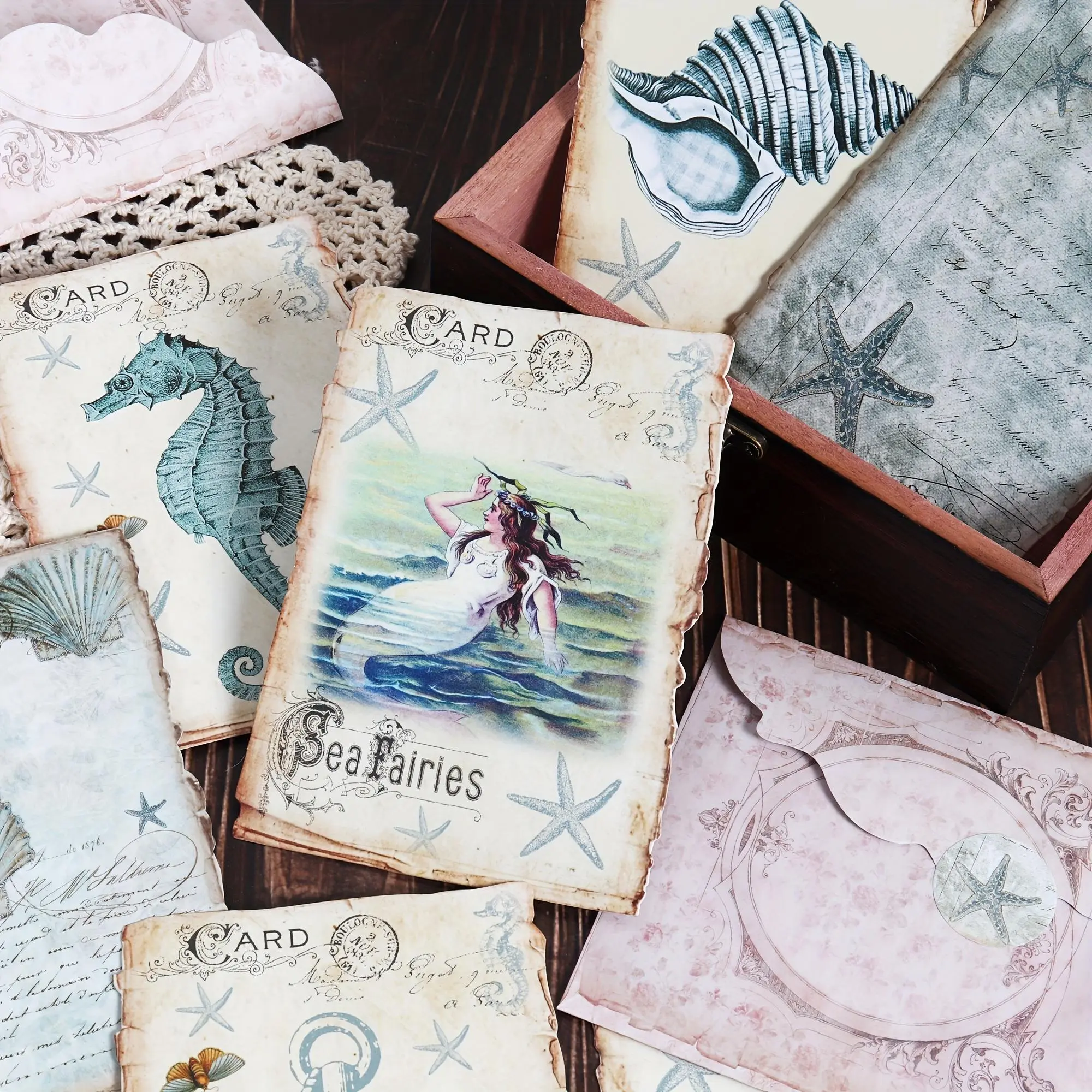 Vintage Ocean Themed Postcard Set, 64pcs/set Writable Postcard with Envelope, Envelope Postcards, DIY Crafts, Scrapbook Supplies, Holiday Card, Crafts Decoration, Scrapbook Materials
