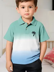 Boys' Gradient Coconut Tree Polo Shirt, Fresh Blue Block, Summer Casual Collared Short Sleeve Top, All Seasons Wear