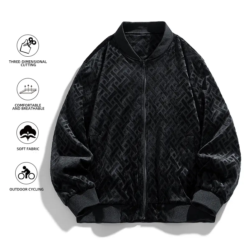 Men’s luxurious allover geometric-patterned black velvet baseball jacket featuring a relaxed drop-fit silhouette and a full zip closure, ribbed cuffs and hem, a premium dark-tone streetwear piece suitable for men’s everyday urban wear.