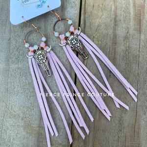 Fierce Fringe Couture Hypoallergenic Fringe Bullhead Earrings with Turquoise Beads and Leather Tassels