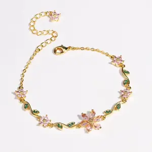 Luxury Pink Zircon Flower Bracelet For Women Girls Sweet Gold Color Crystal Adjustable Bracelet Jewelry Gift