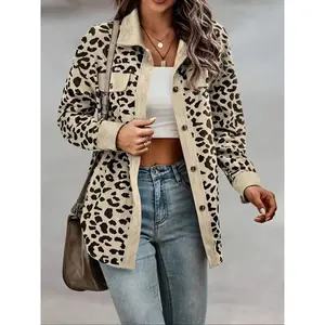 A women's khaki checkered leopard print button up long sleeved jacket, versatile and suitable for various occasionsRAIMENTRY