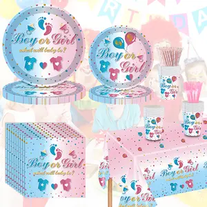 133-piece Gender Revelation Party Set - 9-piece eco-friendly tableware set for 16 people, blue and pink theme disposable tablecloth/cup and plate/knife and fork, suitable for baby welcome parties/birthday celebrations