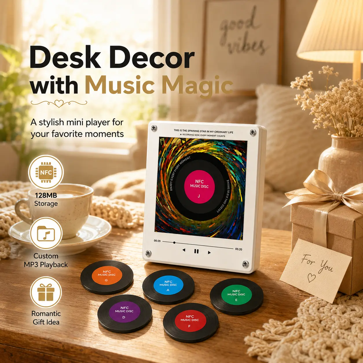 Rotating Square Vintage Vinyl Record Magnetic NFC Music Box Player with Light Effect - 1-Second Song Swap, 9 NFC Discs, 128MB Storage, USB-C Charging, Metal Fridge Magnet, Aesthetic Collectible Decor - Anniversary Gift for Music Lovers