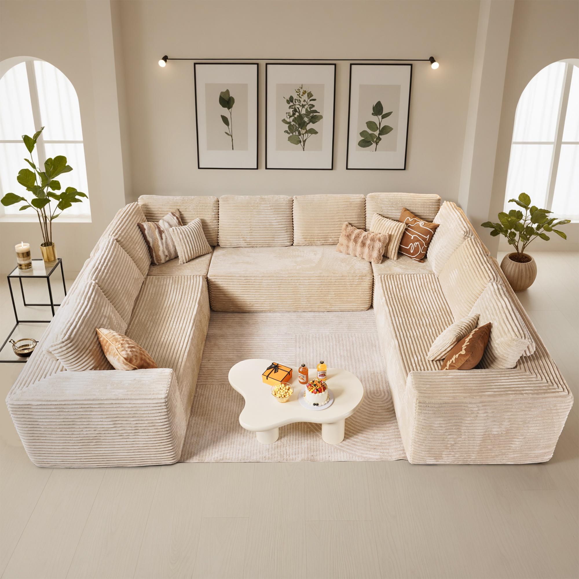 U-Shaped Cloud Sectional Sofa - Oversize Modern Modular Upholstered Couch with Deep Plush Corduroy Seat, No-Assembly Required Free Combination Indoor Furniture for Living Room, U Shaped Sofas