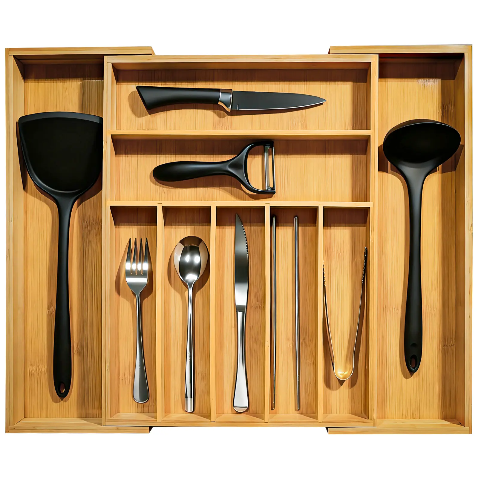 Commercial Restaurant Furniture Expandable Wood Bamboo Kitchen Drawer Organizer - Adjustable Divider, Divided Compartments, Durable Storage for Silverware, Flatware, Knives