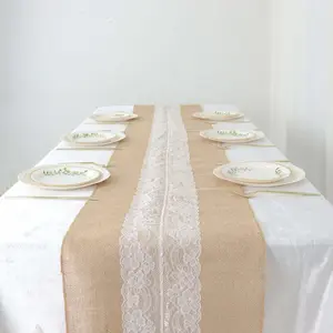 Burlap Jute Table Runner 14"x106" Natural With White Middle Lace - Rustic Vintage Tabletop Decor