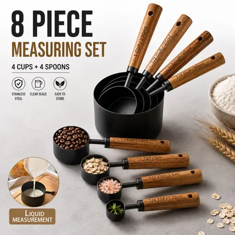LKCSXH Sturdy Rust-Resist Steel Pet Measuring Cups and Spoons Set (8 Pieces: 1/4–1 tsp, 1/4–1 Cup, 250ml) with Non-Slip Wooden Gold-Inlay Handles, Metric/American Sizes for Cat Food & Kitchen Ingredients
