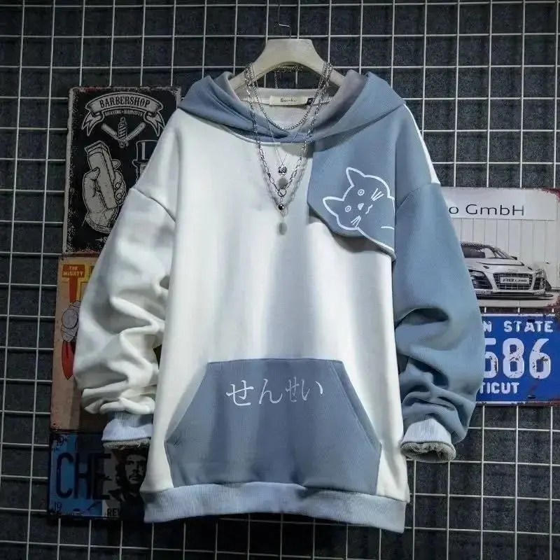 Men's Cotton Hoodie - Fashion, Soft Fabric, Cute Cat Print, Patchwork, Long-Sleeve Pullover, Casual Layer Top for Spring & Autumn Teens, Longsleeves, Polyester, Clothes