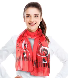 CBC Crown Lightweight Large Treble Clef Design Silk Feeling Music Scarf - Red