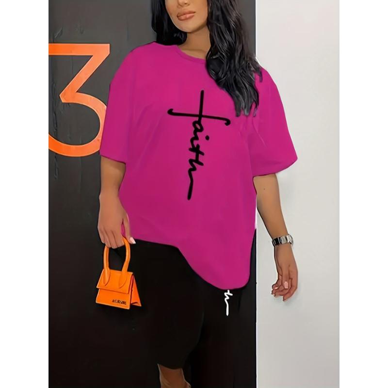 2 piece sets double layer dress Casual Faith Print Pantsuits, Short Sleeve T-shirt & Skinny Leggings Outfits, Women's Clothing Fabric Womenswear Collar Spandex Comfort Gamis Crewneck Fitted Multicolor Shortsleeve 2 piece sets women Polyester Ginger-Colore