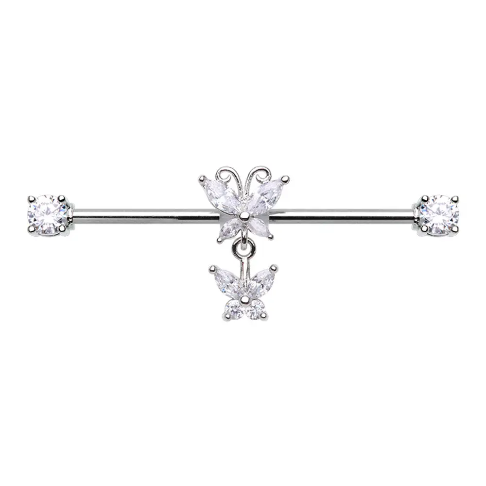 CZ Crystal Dangling Butterfly Industrial Barbell - Stainless Steel