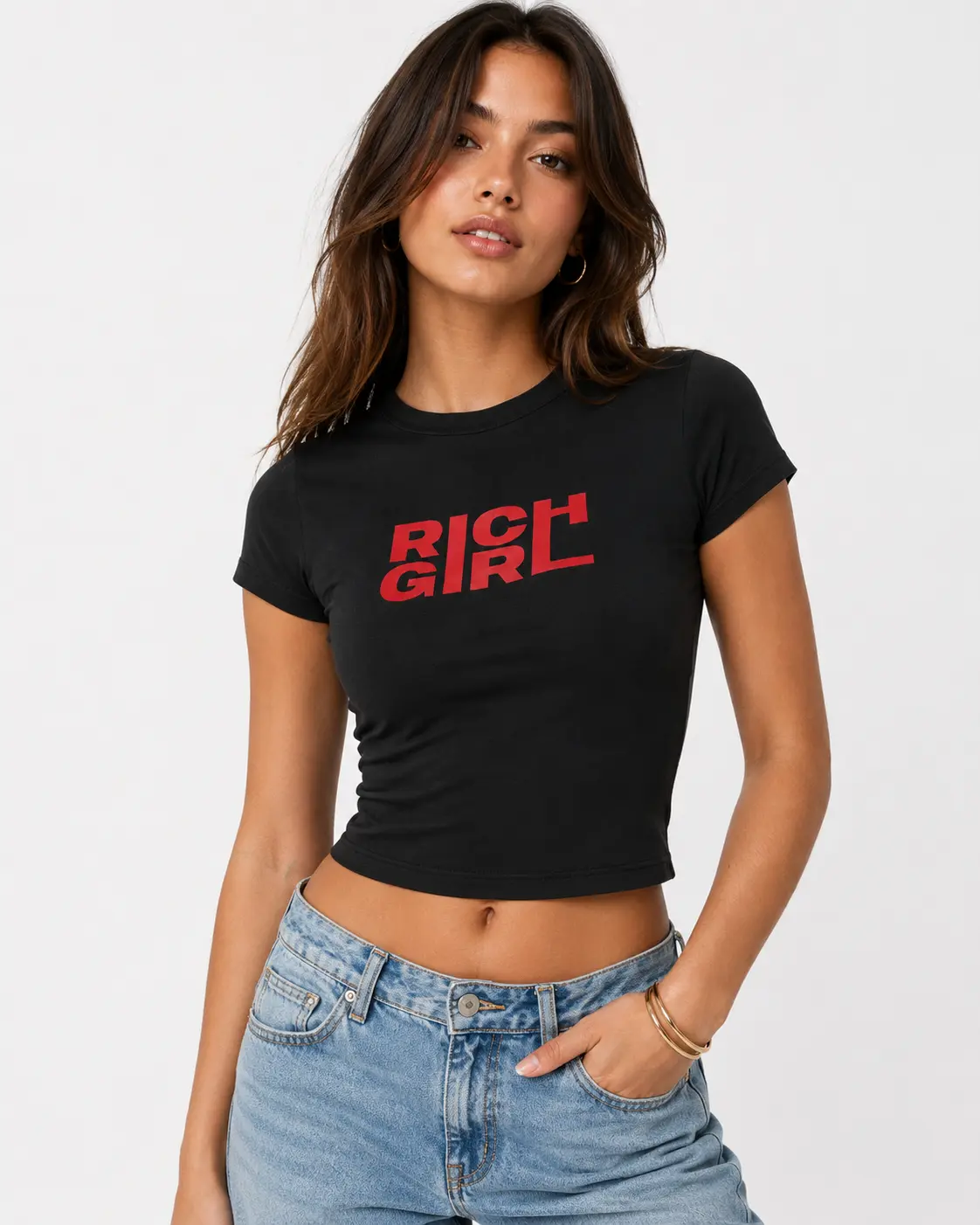 Women’s Rich Girl Graphic Baby Tee, Black Fitted Y2K Crop Top, Red Bold Letter T-Shirt, Baddie Statement Shirt, Luxury Money Aesthetic Streetwear Top, Going Out Outfit, Gift for Her  10-1432