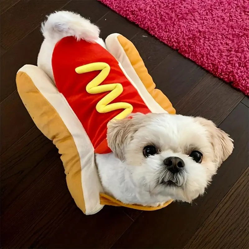 Hot Dog! Funny Hot Dog Pet Costume with Mustard And Ketchup - Winter Warm Outfit, Easy On-Off Jacket for Small to Medium Dogs And Cats - Adorable Dachshund, Pug, Chihuahua - Halloween, Birthday Party, Casual Wear