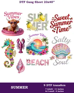 Rhinestone Summer DTF Gang Sheet: 9 Ready To Press Transfers - 23x40, Full-Color Printing, Same/Next Day Shipping Faux Yarn Gansheet