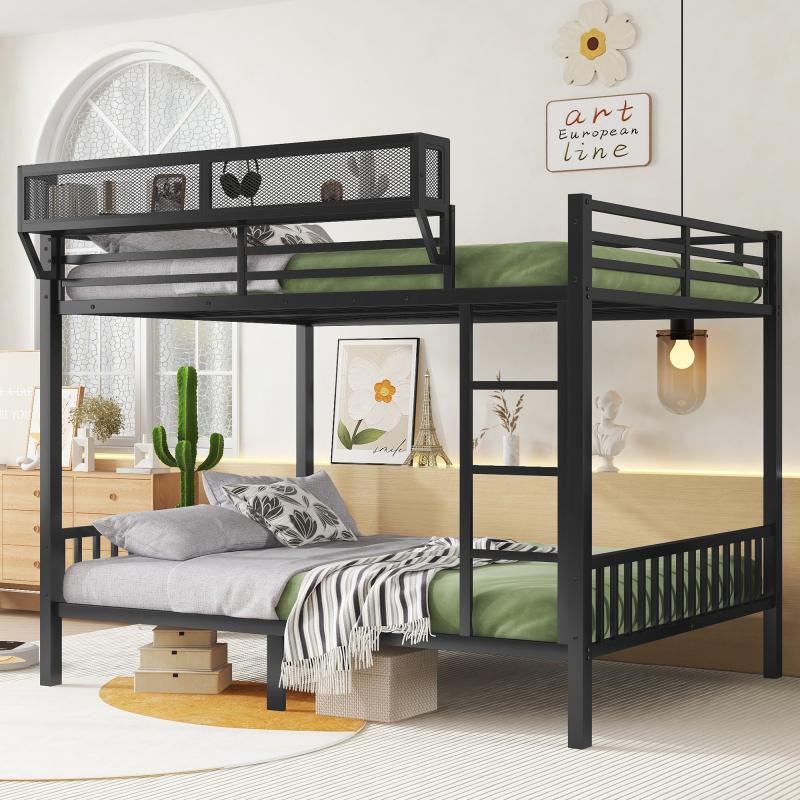 Queen Over Queen Bunk Bed with Storage Shelf and Ladder, Heavy-Duty Metal Loft Bed Frame, Noise Free, for Adults Teens,Black