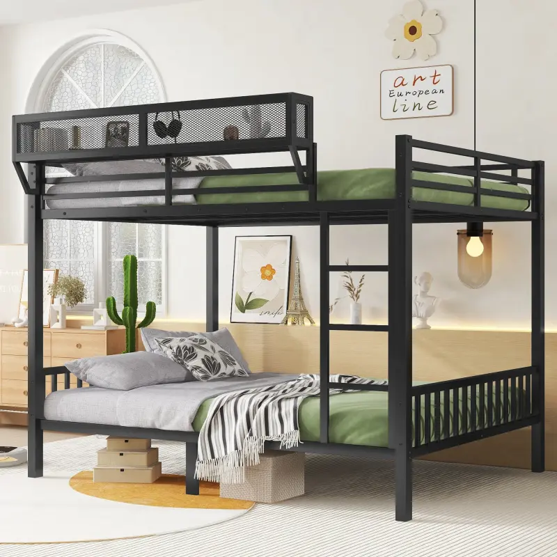 Queen Over Queen Bunk Bed with Storage Shelf and Ladder, Heavy-Duty Metal Loft Bed Frame, Noise Free, for Adults Teens,Black
