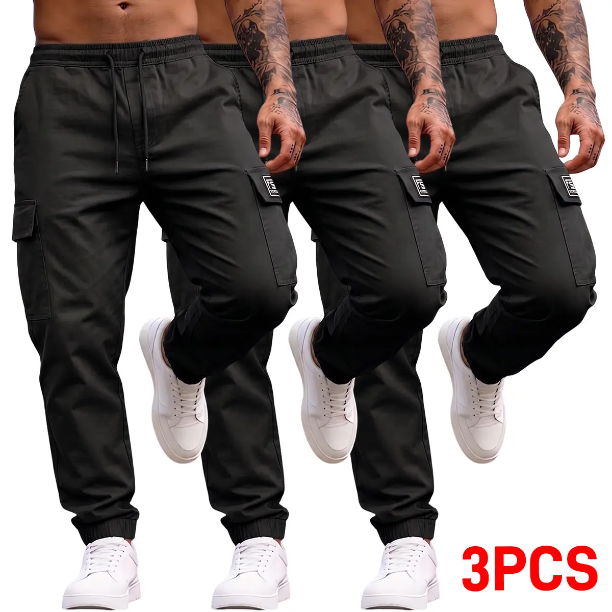Men's Tactical Cargo Pants, 3-Pack Stretch Rip-Resistant Polyester Trousers with Multiple Pockets, Quick-Drying for Outdoor Work & Fishing, Drip Dry