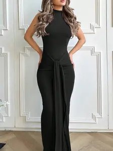 Women's High Neck Sleeveless Front Tie Sexy Slim Fit Long Dress, Perfect for Evening Parties, Banquets, Birthdays, Prom Dress
