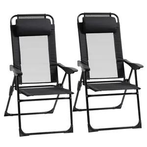 Set of 2 Black Folding Patio Dining Chairs Adjustable Sling Back With Removable Headrest Armrest Support Five Recline Positions Suitable For Daily Relaxation In Backyard Residential Garden
