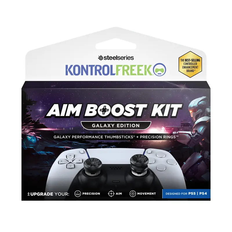 KontrolFreek Aim Boost Kit - Black Galaxy Edition for PS5/PS4, Compact Design Gamer Stuff, Rubber Controller Parts, Mixed-Heights Thumbsticks, 3-Strength Precision Rings with Resistance, Shock-Absorption Grips to Improve Control