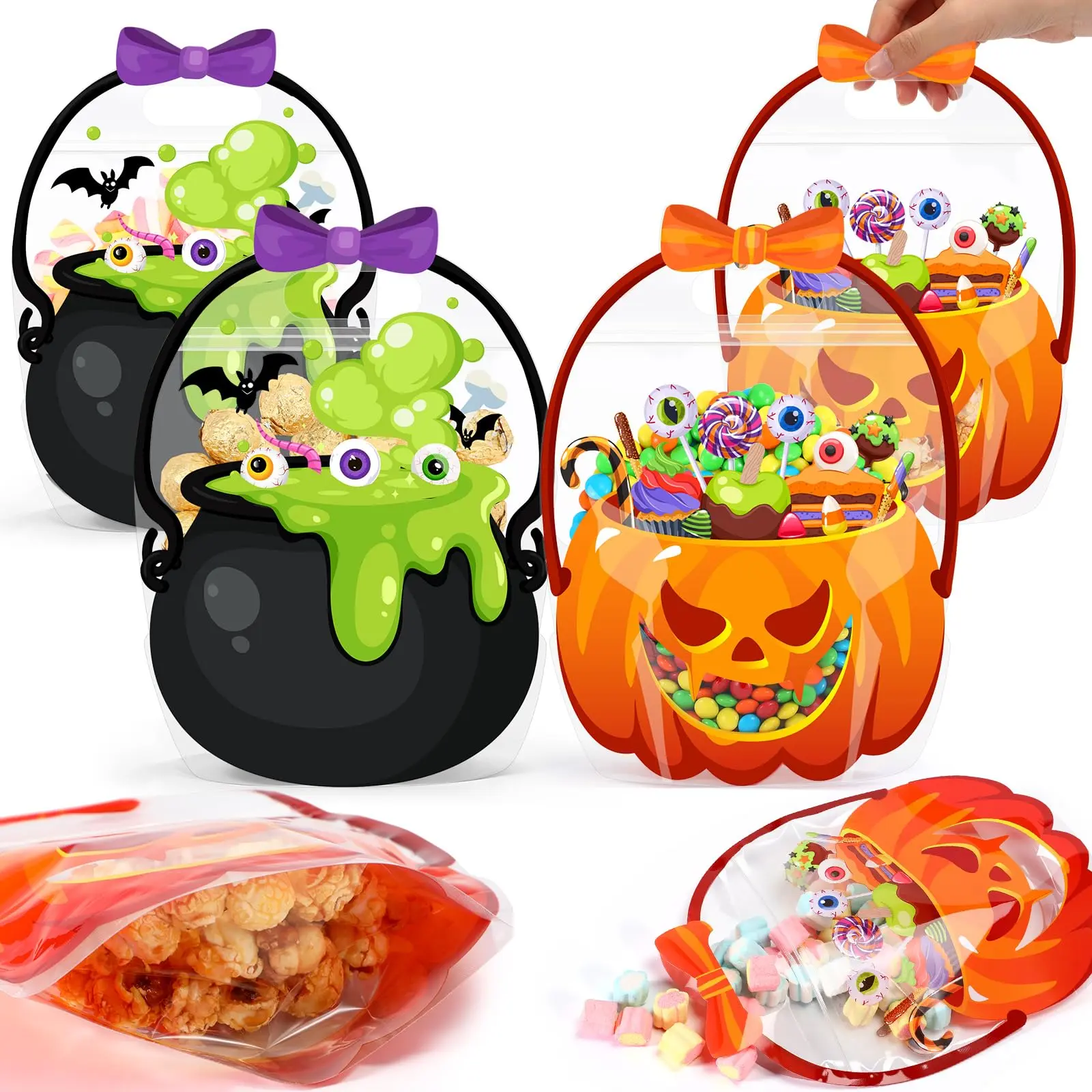 24/50 Pcs Halloween Goodie Bags Plastic Candy Bag Trick or Treat Bags with Cauldron Skeleton black Cat Skull Pumpkin Design,Treat Bags for Student Teacher Colleagues Neighbors,Classroom Snack Storage for Halloween Birthday Party Favor Supplies