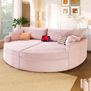 102.3" Oversized Double Chaise Lounge Indoor, Comfy Corduroy Upholstered Loveseat Sleeper Sofa Bed, Deep Seat Cloud Couch with USB Ports and Throw Pillows for Living Room, Pink