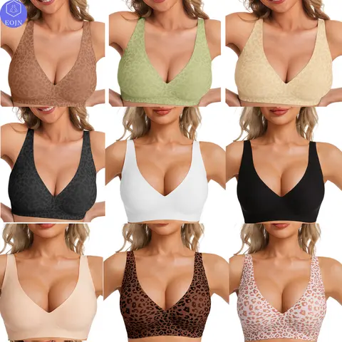 EOJN Jelly Bras Wireless for Womens, comfy push up bra  high quality Wireless Bras Push Up Bralettes Seamless Tshirts Bras Deep V Everyday Bras,Leppard,S-3XL