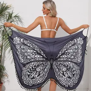Women's Sheer Chiffon Beach Cover Up - Butterfly Print, Halter Neck, Tie Back, Belted Swimsuit Coverup for Summer Vacation, Pool Party - Women's Clothes, Clothes