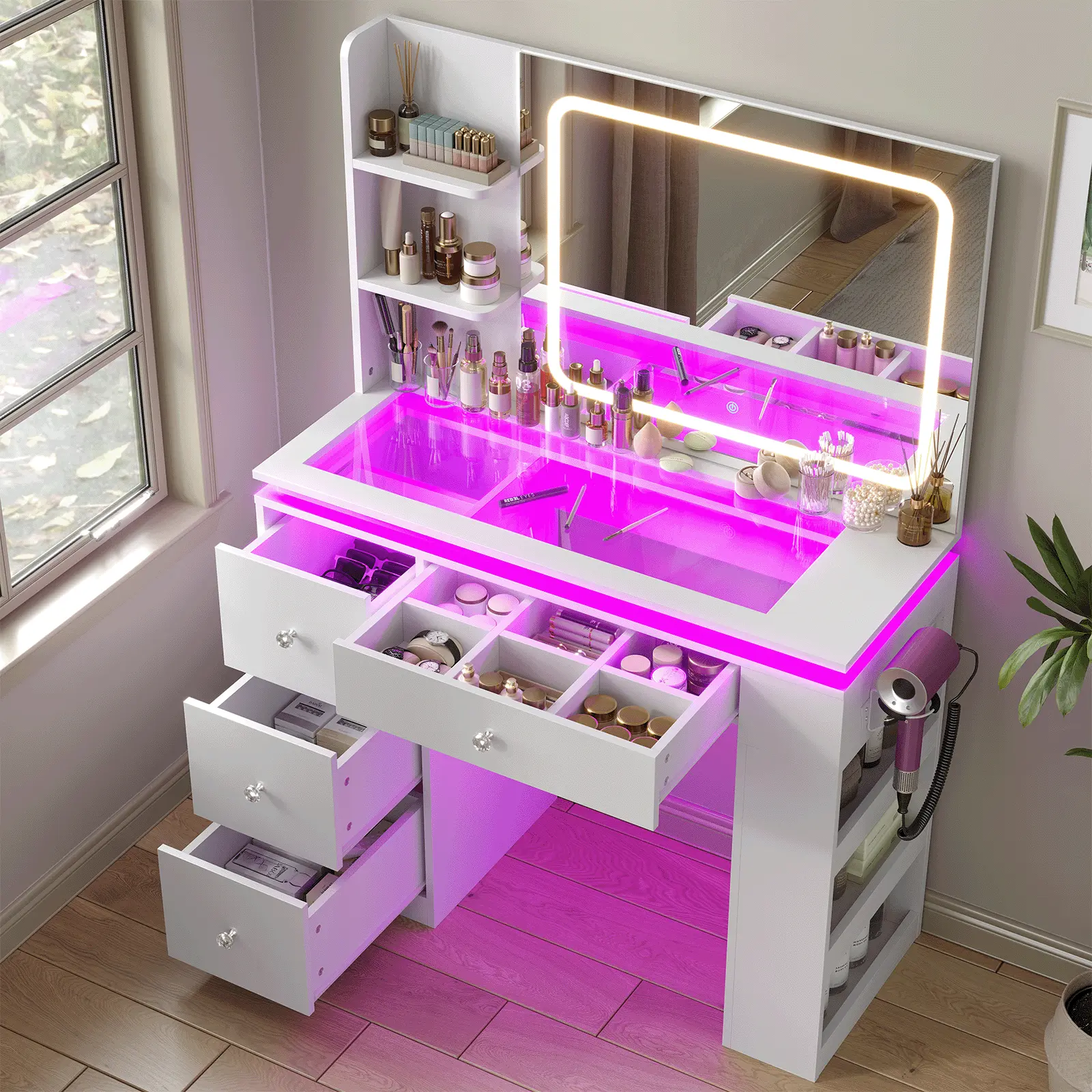 Makeup Vanity Desk with LED Mirror, RGB Ambient Lights, Power Outlet & Hair Dryer Rack, Large Storage Drawers for Bedroom