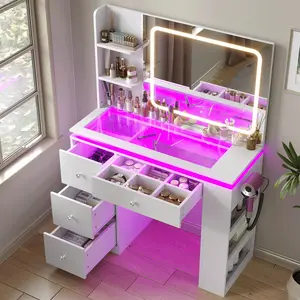 White Makeup Vanity Desk with LED Mirror, RGB Ambient Lights, Power Outlet & Hair Dryer Rack, Large Storage Drawers for Bedroom