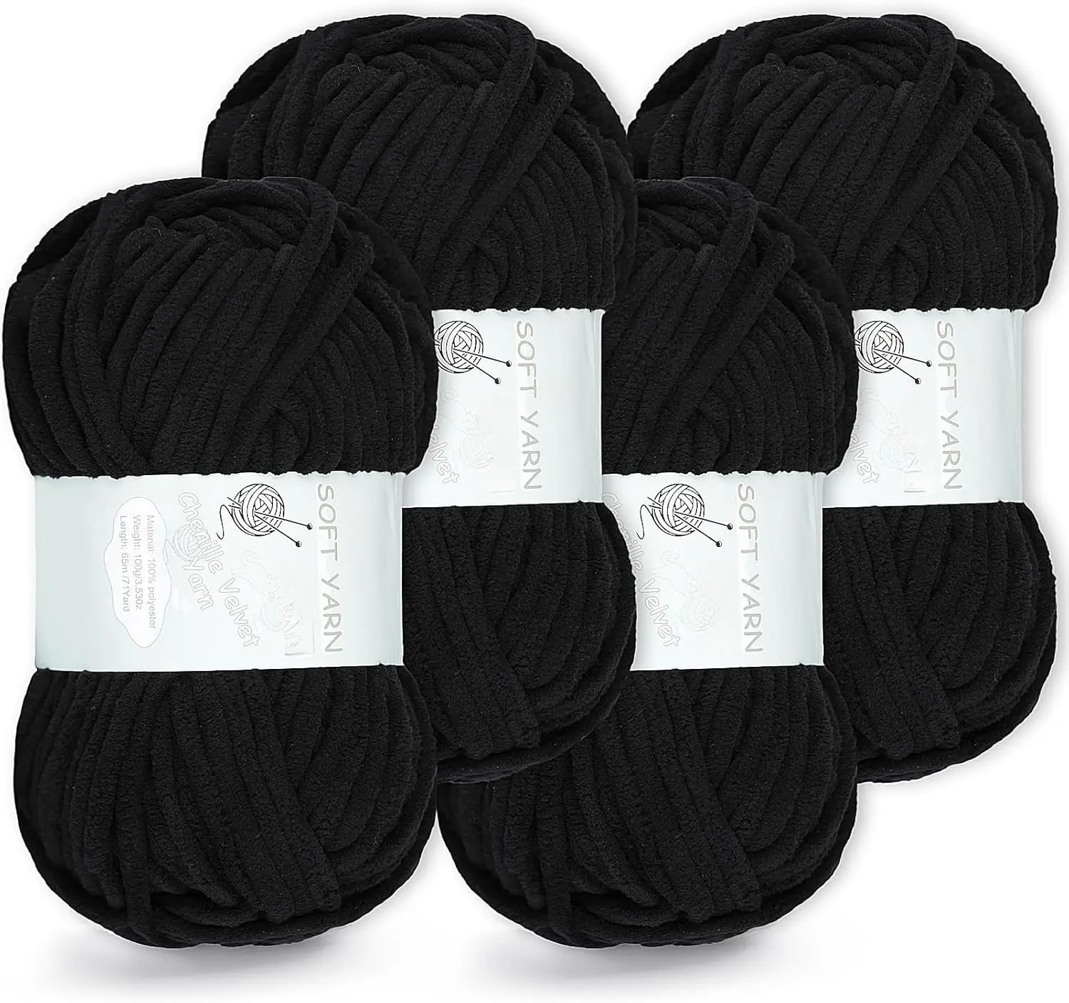 Super Bulky 6 - Chunky Chenille  Yarn for Crocheting and Knitting - (4 Packs 284 Yards Total), Soft  Blanket Yarn for Crochet, Plush Fuzzy Amigurumi Craft Yarn (Black, 4 Skein)