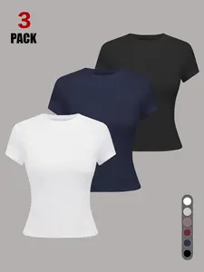 TFNOSIZ 3-Pack Women’s Solid Color T-Shirts — 6 color combinations, a wardrobe essential for layering; casual wear for home, minimalist and breathable, comfortable and stylish apparel