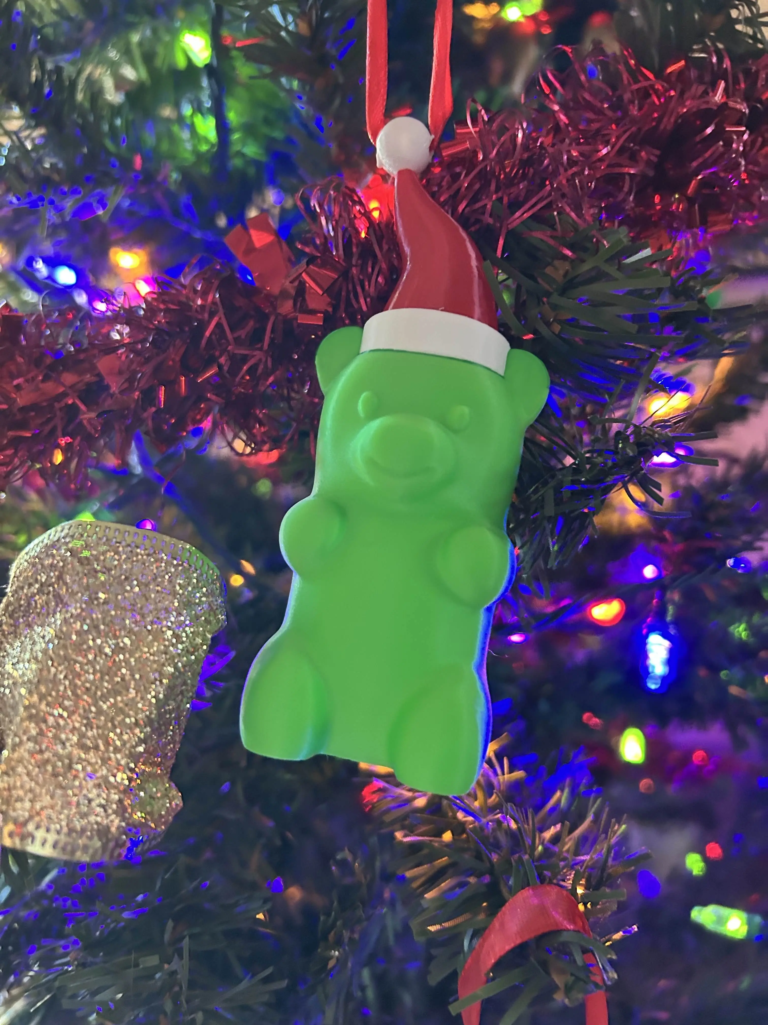 3-Pack 3D Colorful Eco-Friendly Gummy Bear Christmas Tree Decor Ornaments with Hat and Ribbon Hanger, Festive Home Decor Gift Set