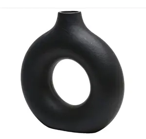 Small (1-Piece) Black Donut Vase Hollow Ceramic Vase for Flowers Handmade Minimalist Boho ins Style Modern Home Decor for Wedding Dinner Table Party Living Room Office Bedroom