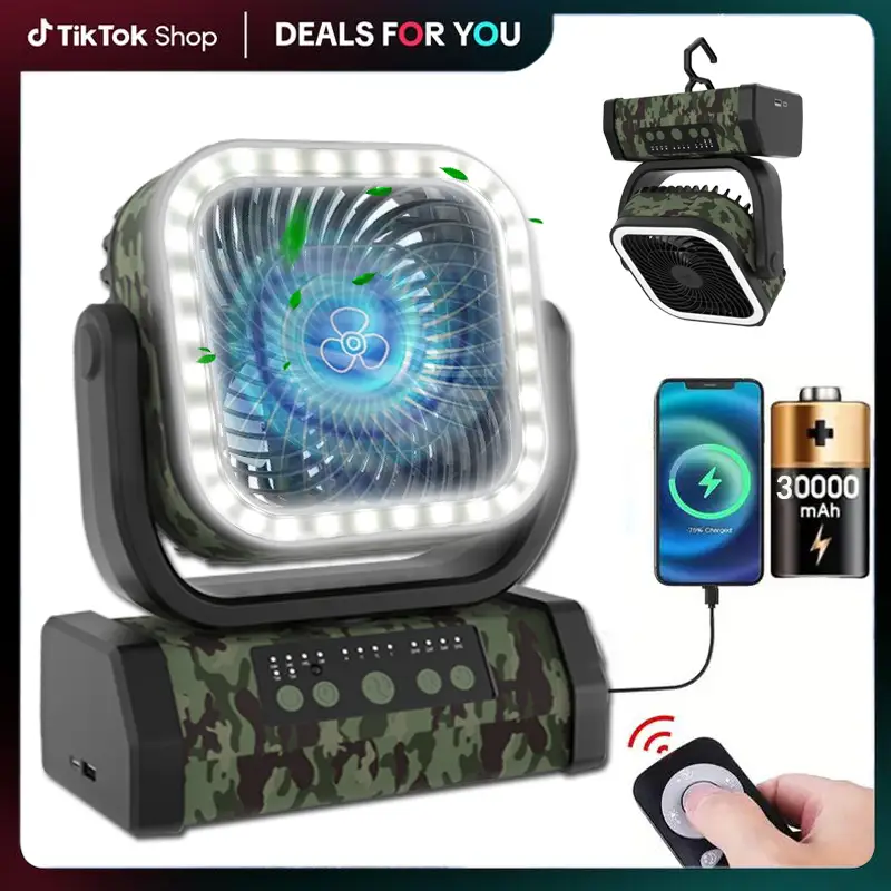 30000mAh Portable Camping Fan USB Rechargeable with Remote Control, LED Lights, Timer Function, Auto Head Shake & OSC (Oscillating) Feature，Outdoorfun