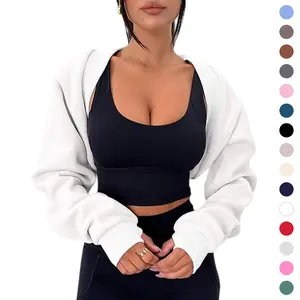 Women's Bolero Shrug Long Sleeve Cropped Sweatshirt with Thumb Hole Open Front Y2K Style Casual Korean Fashion Spring Workout Top
