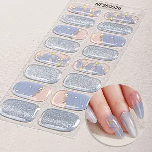 16 Tips French Semi-Cured Gel Nail Strips, Shiny Flower Star Self-Adhesive Full Set, UV Lamp Needed, Easy Apply & Remove, DIY Nail Art Kit, Nail Art Design