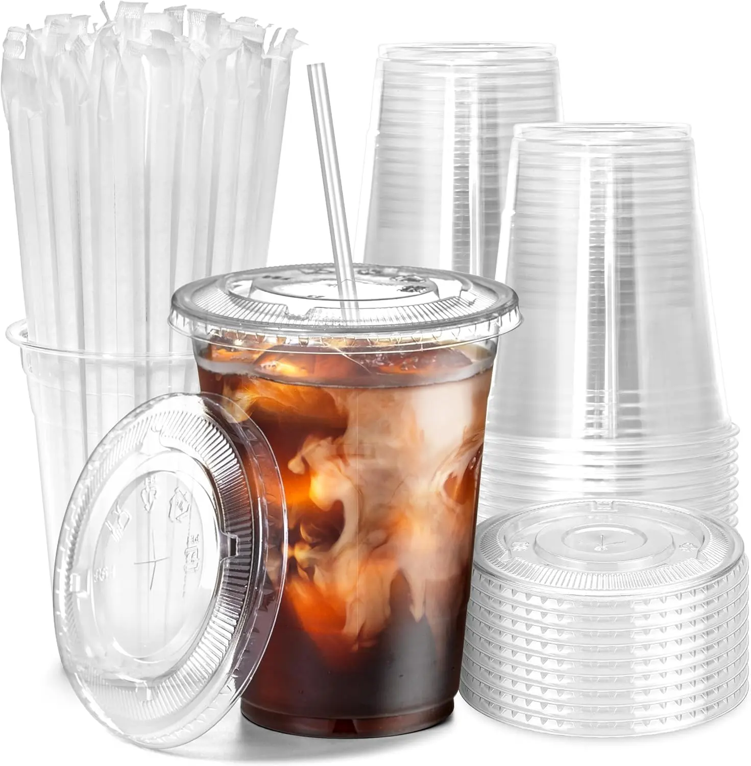 Plastic Cups with Flat Lids 100 Sets , Clear Crystal drink cups with lids
