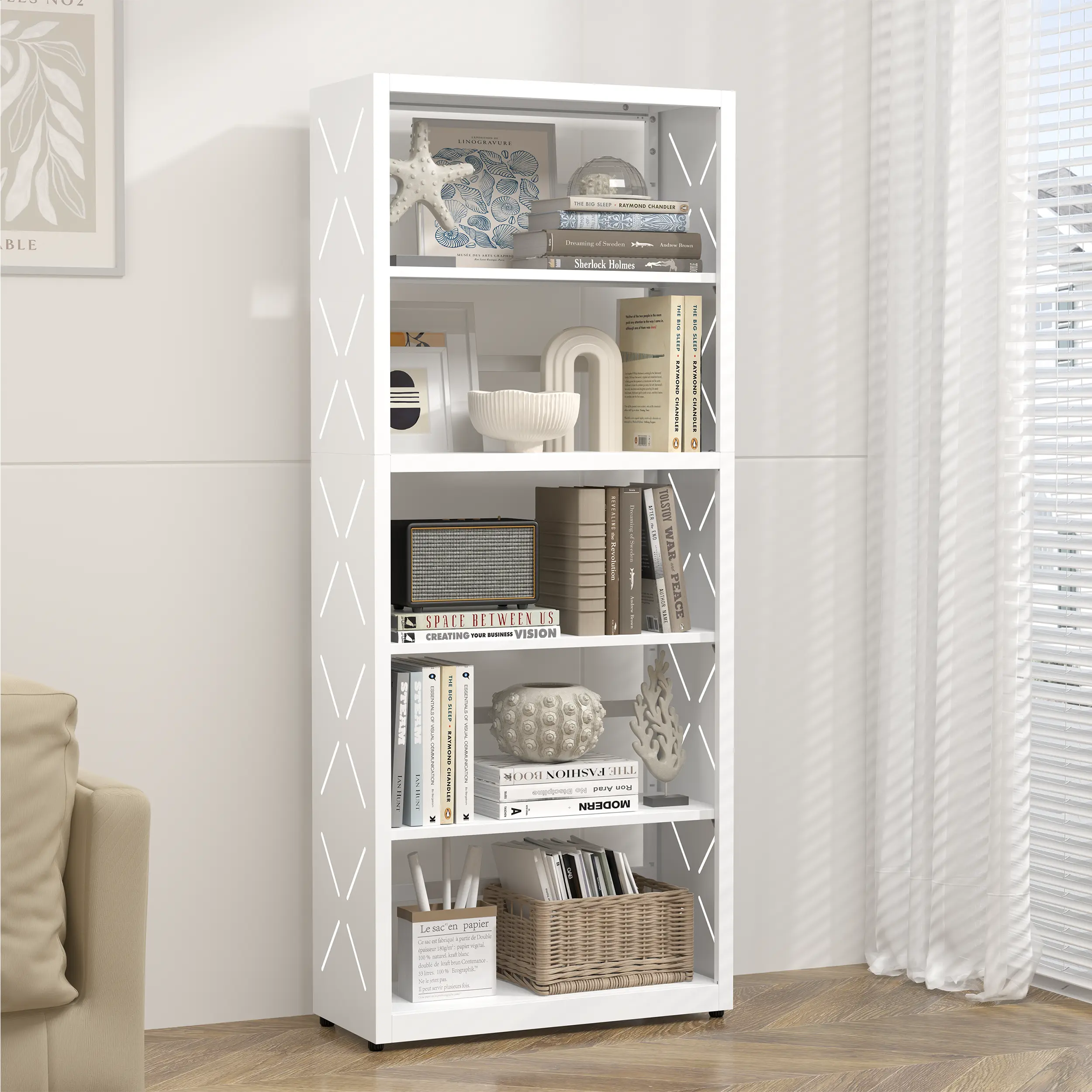 POLUP 5 Tier Bookcase,Metal Bookshelf with Adjustable Feet & Shelves | 55"H White Book Shelf with Bookends,Tall Bookcase for Books & Decor,Modern Open Storage Shelves for Office,Kitchen,Garage