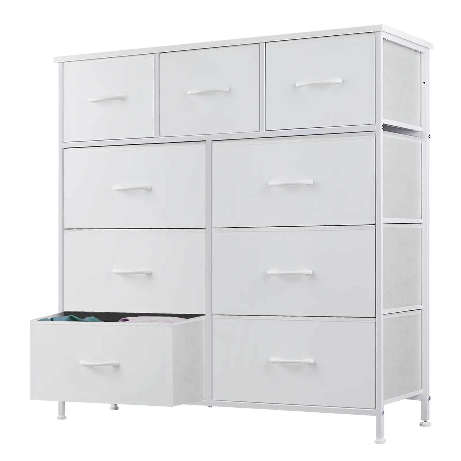 Fabric Storage Tower with 9 Drawers, Bedroom Drawer Dresser Organizer, Chest of Drawers with Fabric Bins, Steel Frame and Wooden Tabletop Fabric Storage Tower with 9 Drawers, Bedroom Drawer Dresser Organizer, Chest of Drawers with Fabric Bins, Steel Frame and Wooden Tabletop
