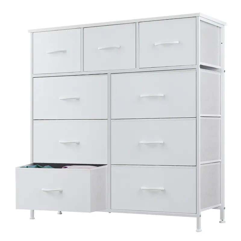 Sweetcrispy Modern 9-Drawer Fabric Storage Tower - Fabric/Metal Indoor Cabinet with Bins, Steel Frame, Wooden Tabletop, Drawer Chest Dresser for Bedroom, Storage Organization Home Goods